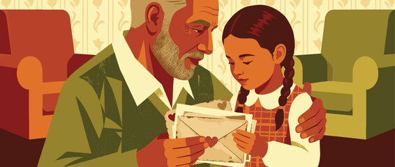 Loving elderly grandfather and his young granddaughter looking at old letters together, sharing a sentimental moment in a retro-styled living room illustration