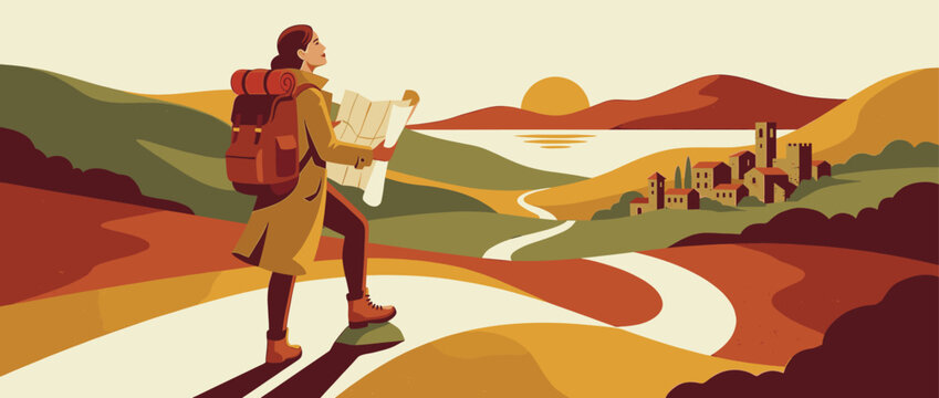 Female traveler with a large backpack holds a map while standing on a path overlooking a scenic coastal village at sunset in a warm, flat vector illustration style