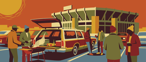 Group of friends enjoying a tailgate party in a stadium parking lot, grilling food next to a vintage station wagon in a retro illustration style