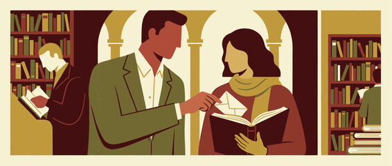 Man and woman secretly exchanging a letter in a book inside a vintage library, depicted in a minimalist, graphic illustration style
