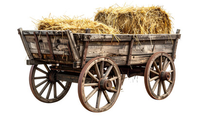 Rustic wooden cart overflowing with golden hay bales, weathered and aged