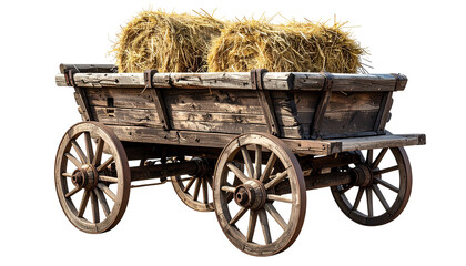 Rustic, weathered wooden wagon laden with two hay bales against a transparent backdrop