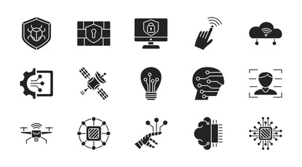 Technology AI thin line icon set. Containing antivirus, firewall, computer security, remote, cloud save