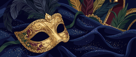 Golden ornate Venetian carnival mask with intricate filigree and colorful feathers rests on a dark blue silk fabric with sparkling confetti for a festive celebration