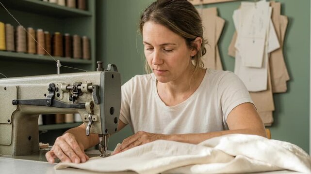 focused female seamstress working at sewing machine with natural fabric in cozy workshop surrounded by patterns and spools