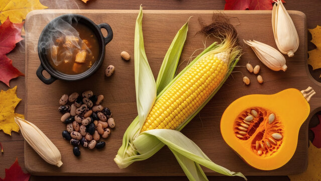 rustic three sisters harvest ingredients on wooden board with autumnal soup