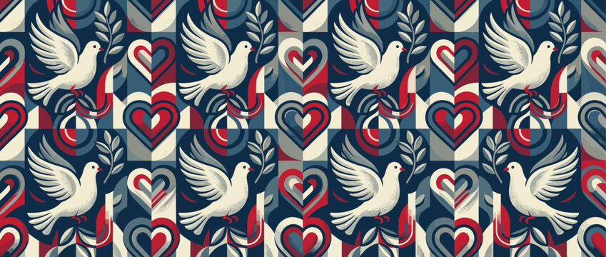 Repeating pattern of white peace doves holding olive branches alongside stylized hearts in a geometric, folk art design with a red, white, and blue color scheme