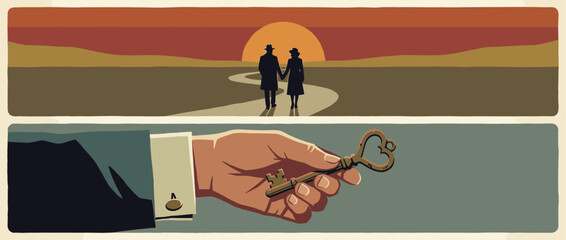 Conceptual diptych illustration showing a couple walking towards the sunset and a hand holding a vintage key, representing love, future, and new beginnings in a retro graphic style