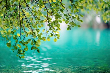 Overhead shot of green foliage extending over a turquoise-colored body of water