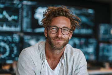 Man smiling at camera with server monitors displaying data in background