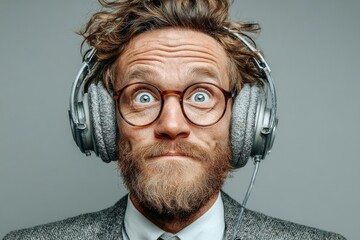Man with a beard wearing headphones and glasses, listening to unexpected audio content