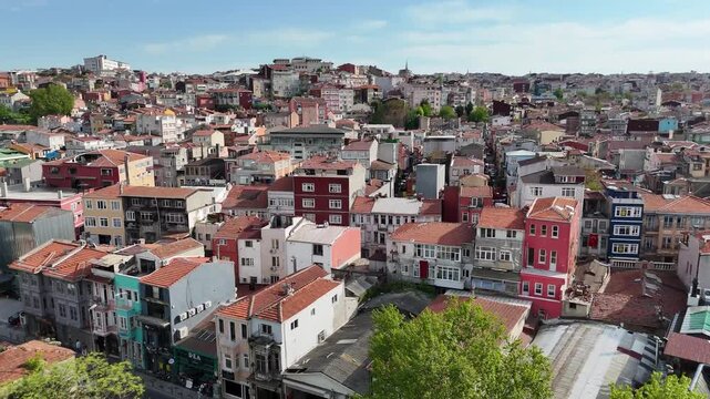Aerial ascending view of colorful historic houses in Balat district, Istanbul