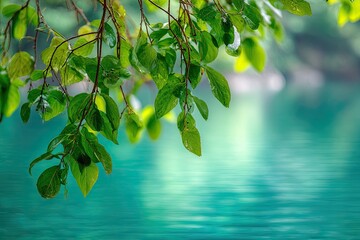 Branches with vibrant green leaves arch gracefully over tranquil turquoise water