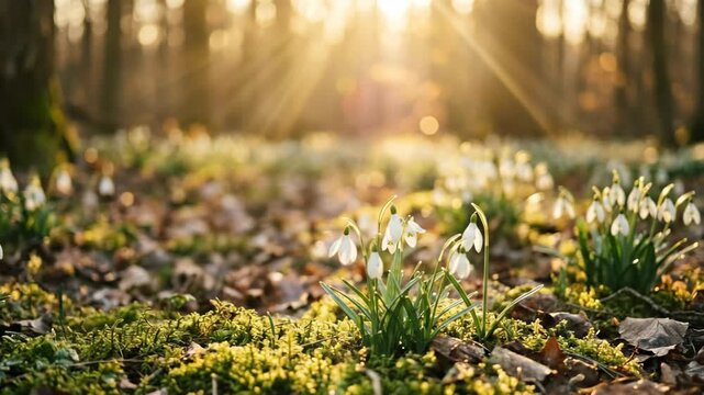 white snowdrops blooming in sunny forest with golden sunbeams. early spring nature landscape with green moss. easter holiday. floral background, greeting card.