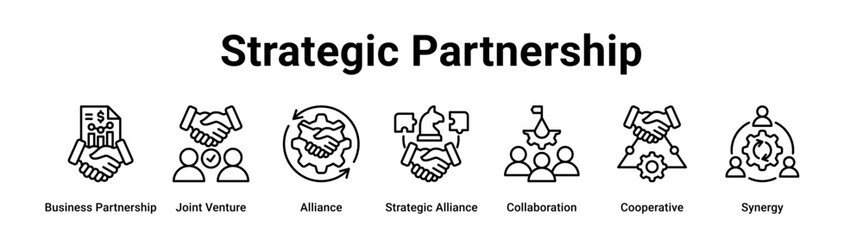 Fototapeta premium Strategic Partnership web banner icon vector illustration concept for business with icon of Business Partnership, Joint Venture, Alliance, Strategic Alliance, Collaboration.