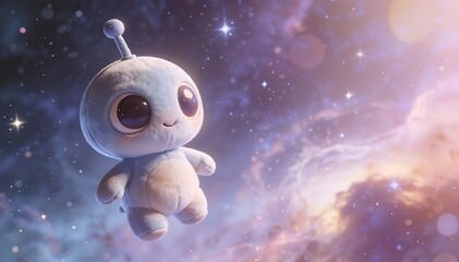 An adorable soft alien toy exploring the wonders of a colorful universe