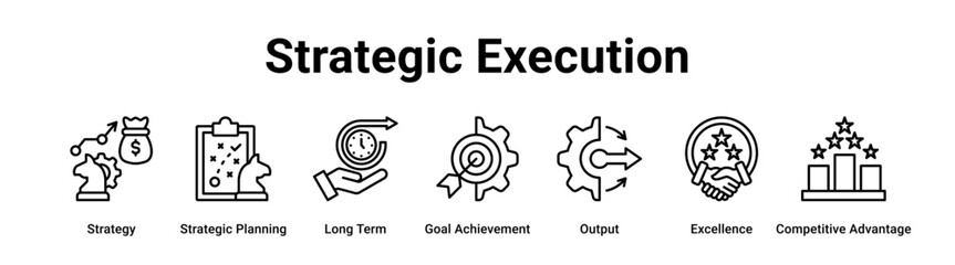 Strategic Execution web banner icon vector illustration concept for business with icon of Strategy, Strategic Planning, Long Term, Goal Achievement, Output, Excellence.