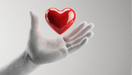 Obraz premium A red heart floats above a gloved hand against a soft white background, symbolizing care