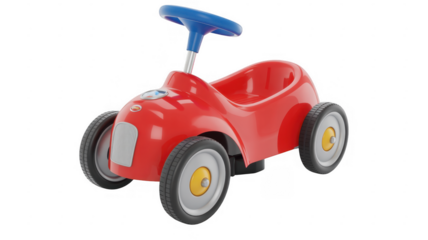 Red toddler car with blue handle red car gray wheels isolated on a transparent background