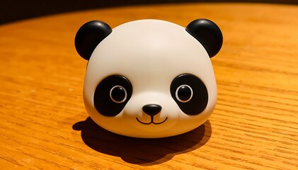 Adorable little panda head figurine resting peacefully on a wooden surface