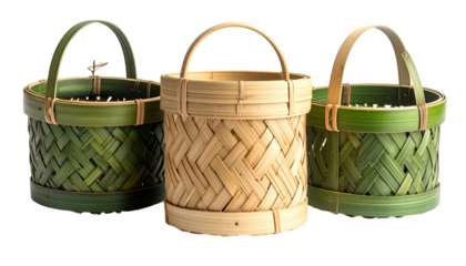 Three woven cylindrical baskets with arched handles, two green and one natural