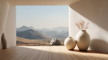 Interior with vases and sunlight, framed landscape of mountains and desert, creating peaceful ambience