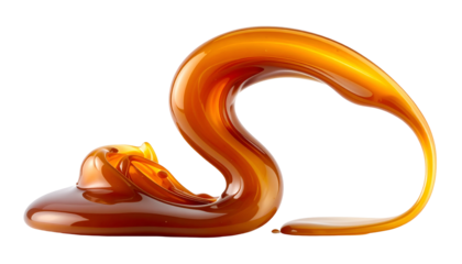 Swirled and glossy golden-brown liquid, possibly syrup or caramel, against a black backdrop