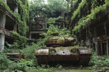 Old battle tank rusting among lush vegetation growing through a desolate, collapsing structure
