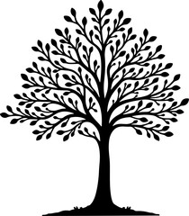 Obraz premium Majestic Tree with Full Canopy SilhouetteFlourishing Tree of Life Black IllustrationSpreading Branches Tree Silhouette Design