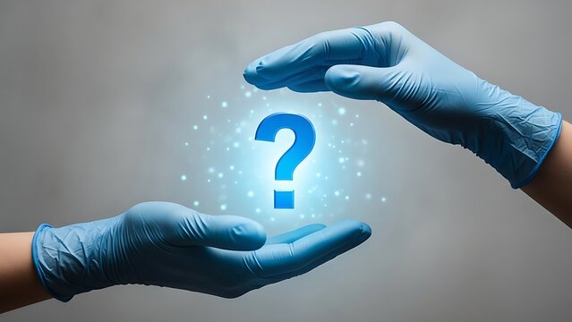 Medical gloves cradling a glowing blue question mark symbol