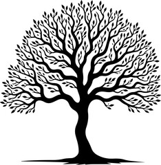 Obraz premium Majestic Tree with Full Canopy SilhouetteFlourishing Tree of Life Black IllustrationSpreading Branches Tree Silhouette Design