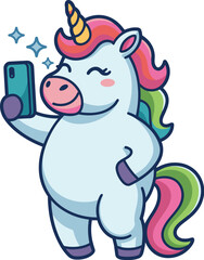 Fototapeta premium Cute cartoon unicorn taking selfie photo with smartphone on white background happy magical fantasy character with rainbow mane illustration for children's book social media content marketing advertisi