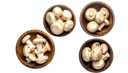 Overhead shot of four wooden bowls filled with fresh, white button mushrooms against black