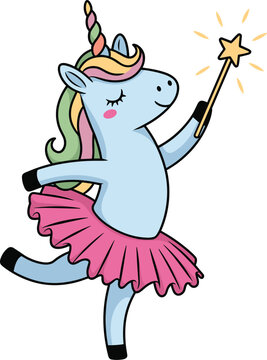Cute cartoon blue unicorn ballerina dancing with magic wand illustration for children's book character design whimsical fantasy animal in pink tutu fairytale adventure educational content for kids pos