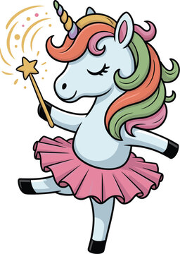 Cute cartoon unicorn ballerina dancing with magic wand casting spells light blue horse with rainbow mane wearing pink tutu whimsical character illustration for children's books fairytale themed birthd