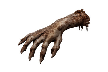 Obraz premium Zombie hand reaching out, severed limb with decaying flesh, gruesome monster arm for halloween or horror designs