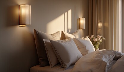Warmly lit bedroom featuring a bed with plush pillows and curtains