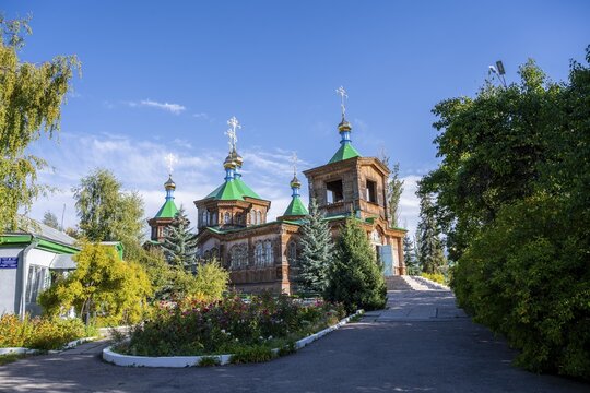 Russian Orthodox Church Cathedral of the Holy Trinity, wooden church with green spires, Karakol, Kyrgyzstan