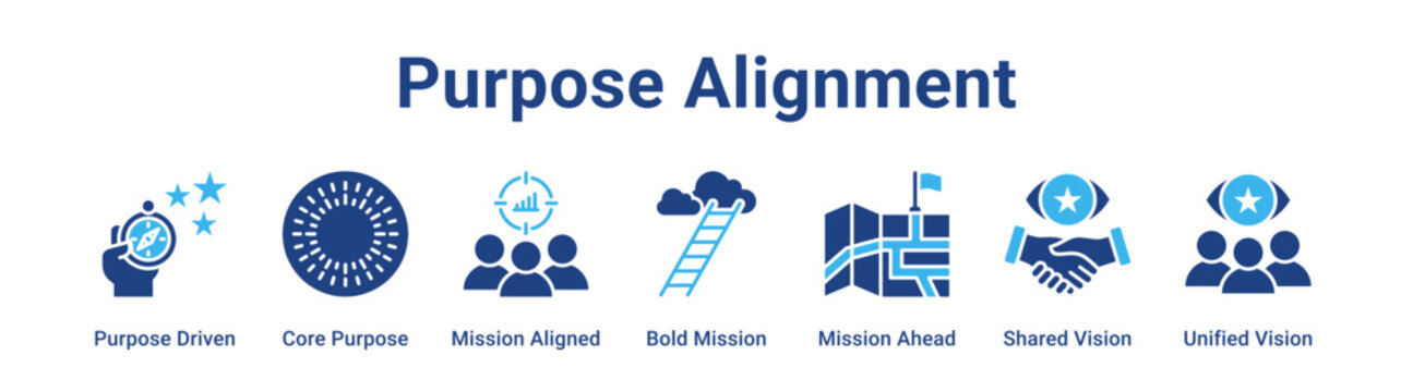 Purpose Alignment web banner icon vector illustration concept for business with icon of Purpose Driven, Core Purpose, Mission Aligned, Bold Mission, Mission Ahead, Shared Vision.