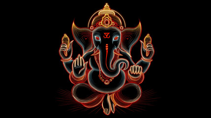 Abstract neon light illustration of Hindu god Ganesha sitting in a meditative pose on a dark background
