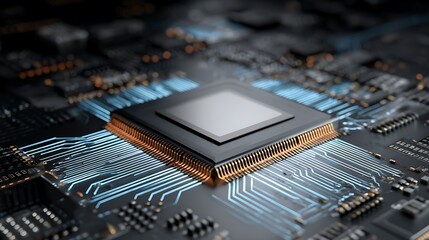Close-up of a central processing unit (CPU) on a circuit board, with intricate details