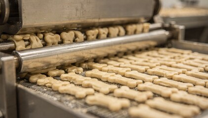 Closeup of dough being extruded into small boneshaped pet treats on a conveyor belt showcasing the shaping process before baking in a commercial kitchen.