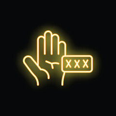 Fototapeta premium Glowing neon line hand showing xxx sign on black background for adult content