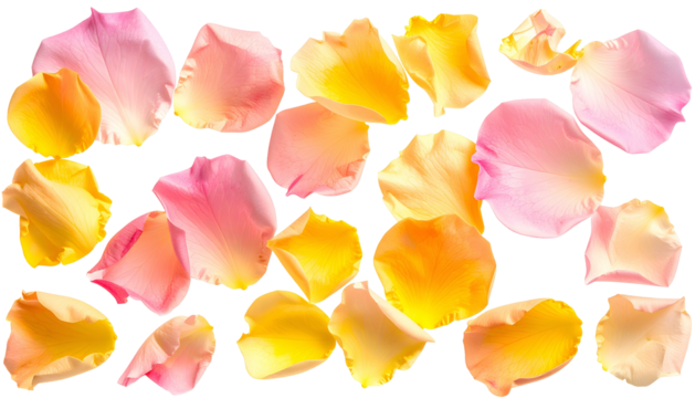 Assortment of vibrant, individual flower petals in shades of pink, yellow, and orange against black - Powered by Adobe