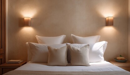Cozy bedroom with a bed, plush pillows, soft lighting, and side tables