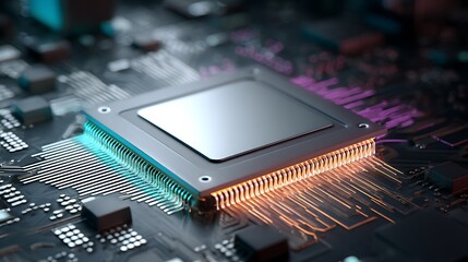 A close-up view of a computer processor on a circuit board, vibrant colors illuminating details