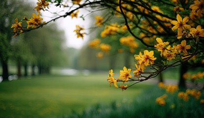 Yellow flowers bloom on a branch with a blurred green park in the background
