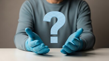Man with blue gloves presenting a question mark in a thoughtful gesture