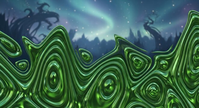 A surreal, green, abstract landscape with a dark, forest-like background and a glowing, aurora-like light in the distance.