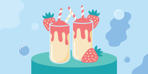 Refreshing strawberry smoothie drink with striped straw and fresh fruit garnish summer beverage refreshment illustration for healthy lifestyle advertising seasonal promotions food blog content vibrant